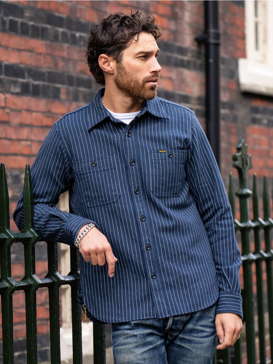 Iron Heart IHSH-402 Ultra Heavy Flannel Chalk Stripe Work Shirt - Navy