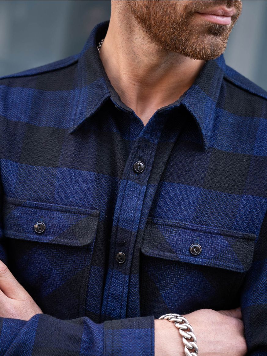 The Flat Head Block Check Work Flannel - Indigo