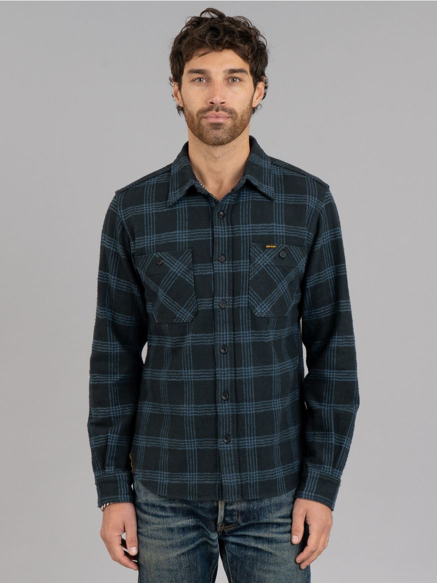 Iron Heart IHSH-408 Slubby Heavy Flannel Check Work Shirt - Black