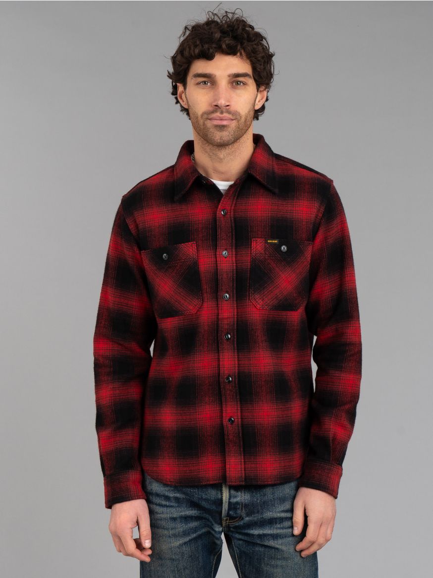 Iron Heart IHSH-265 Ultra Heavy Flannel Ombré Check Work Shirt - Red/Black