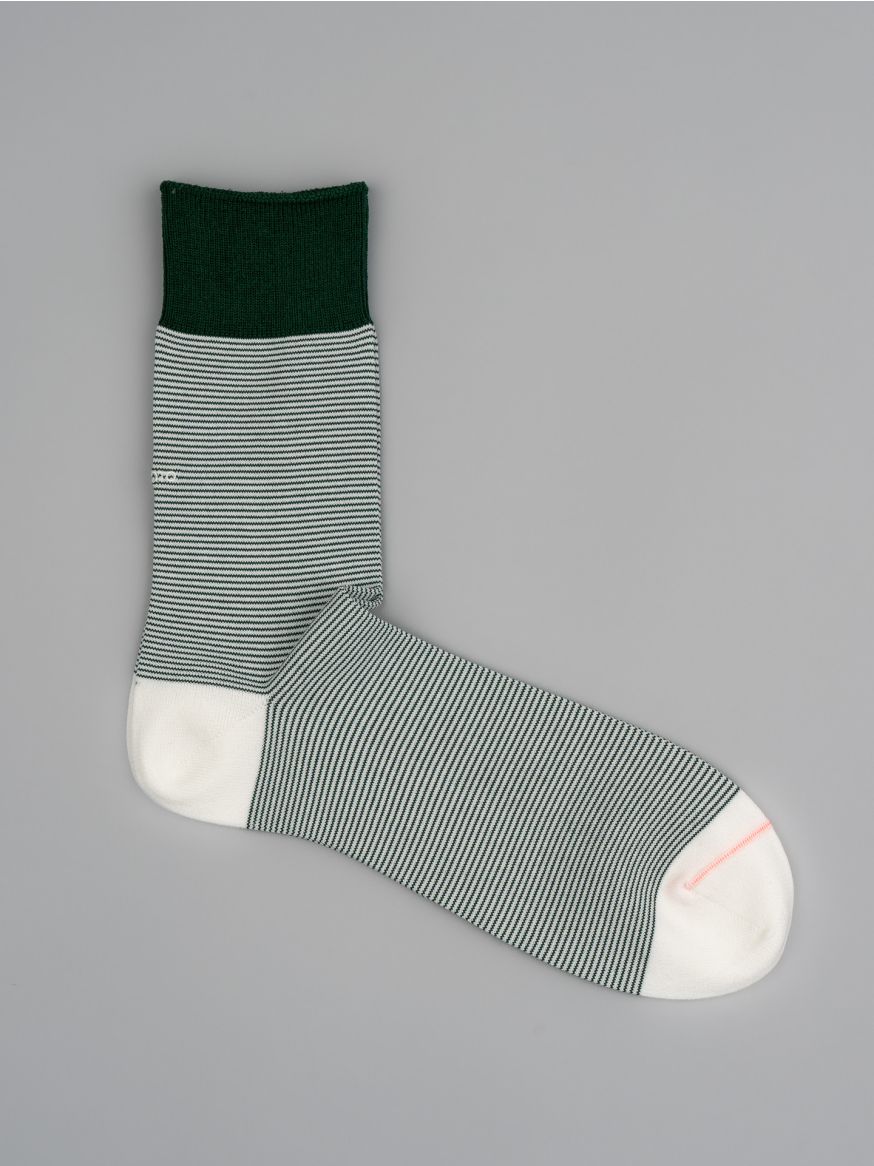 Rototo Fine Stripe Mini Crew Socks - Dark Green
