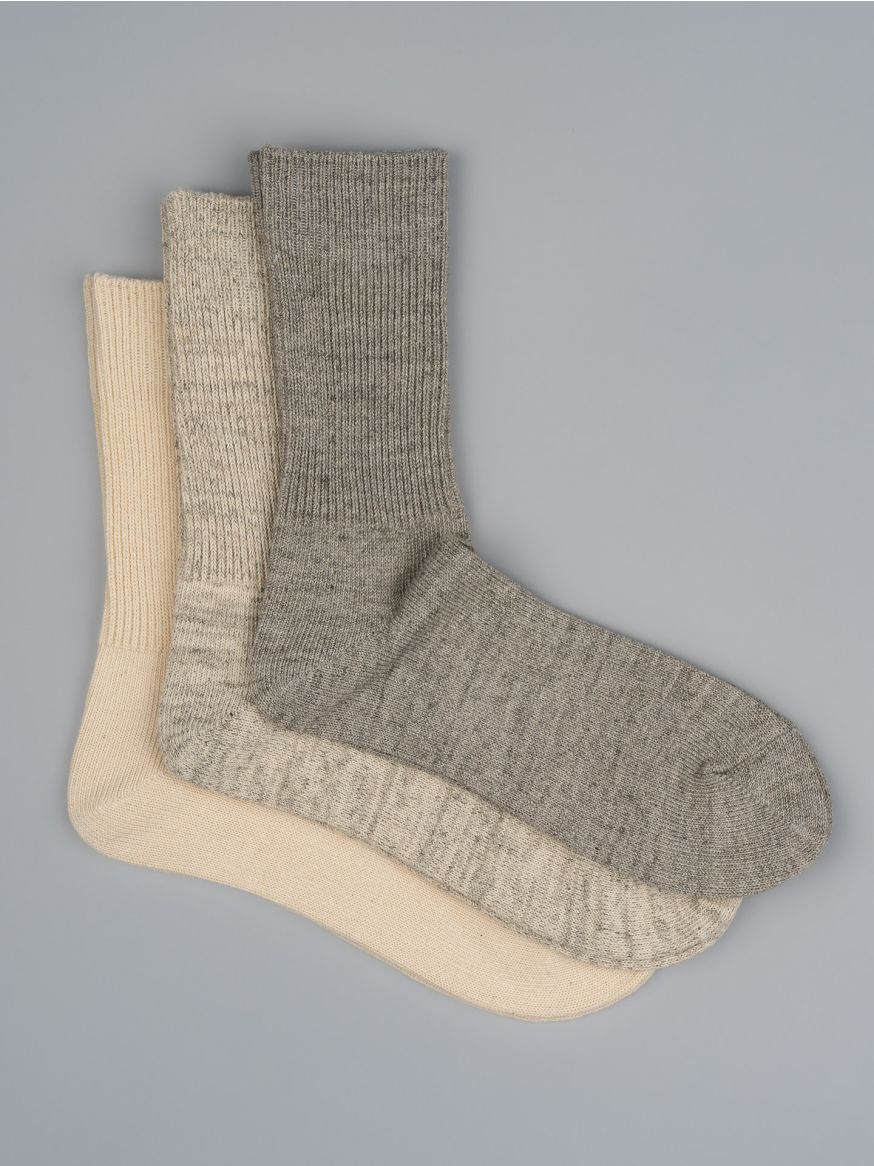 Rototo Organic Daily Ribbed Crew Socks (3-Pack) - Ecru & Grey