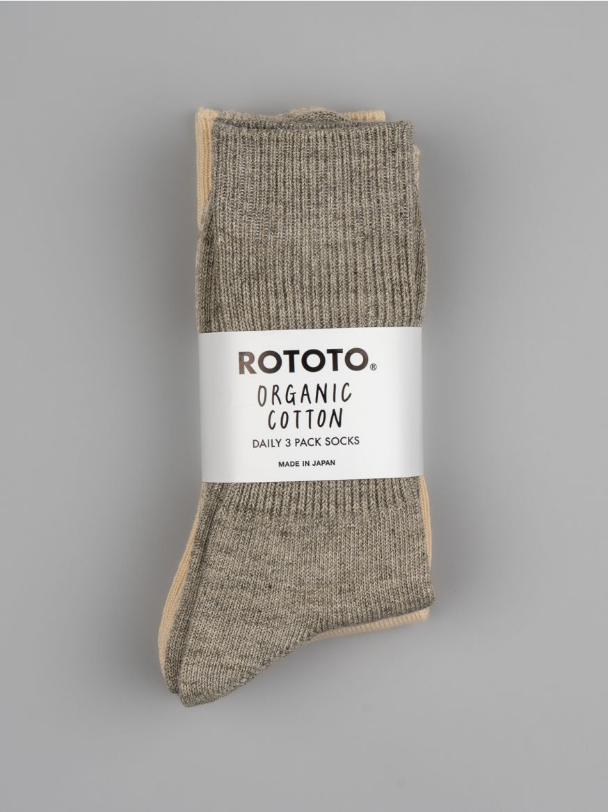 Rototo Organic Daily Ribbed Crew Socks (3-Pack) - Ecru & Grey