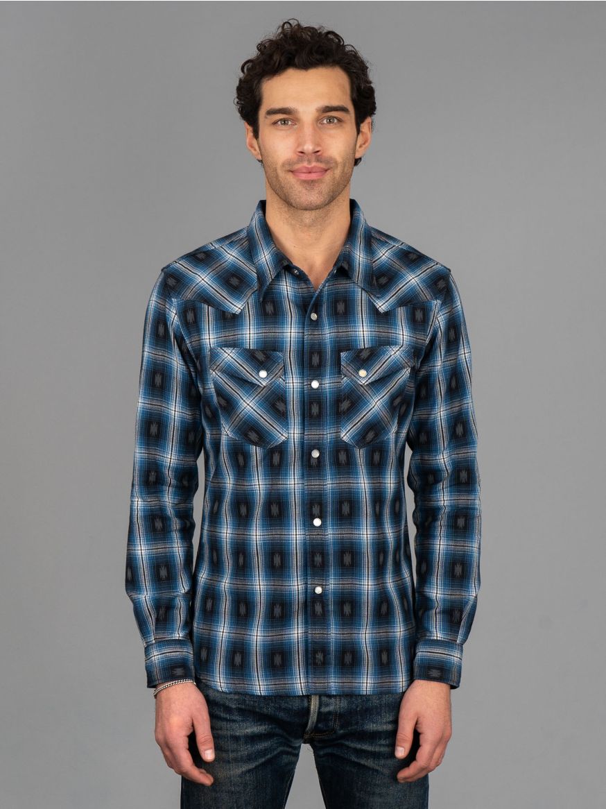 The Flat Head Native Check Western Shirt - Sax Blue