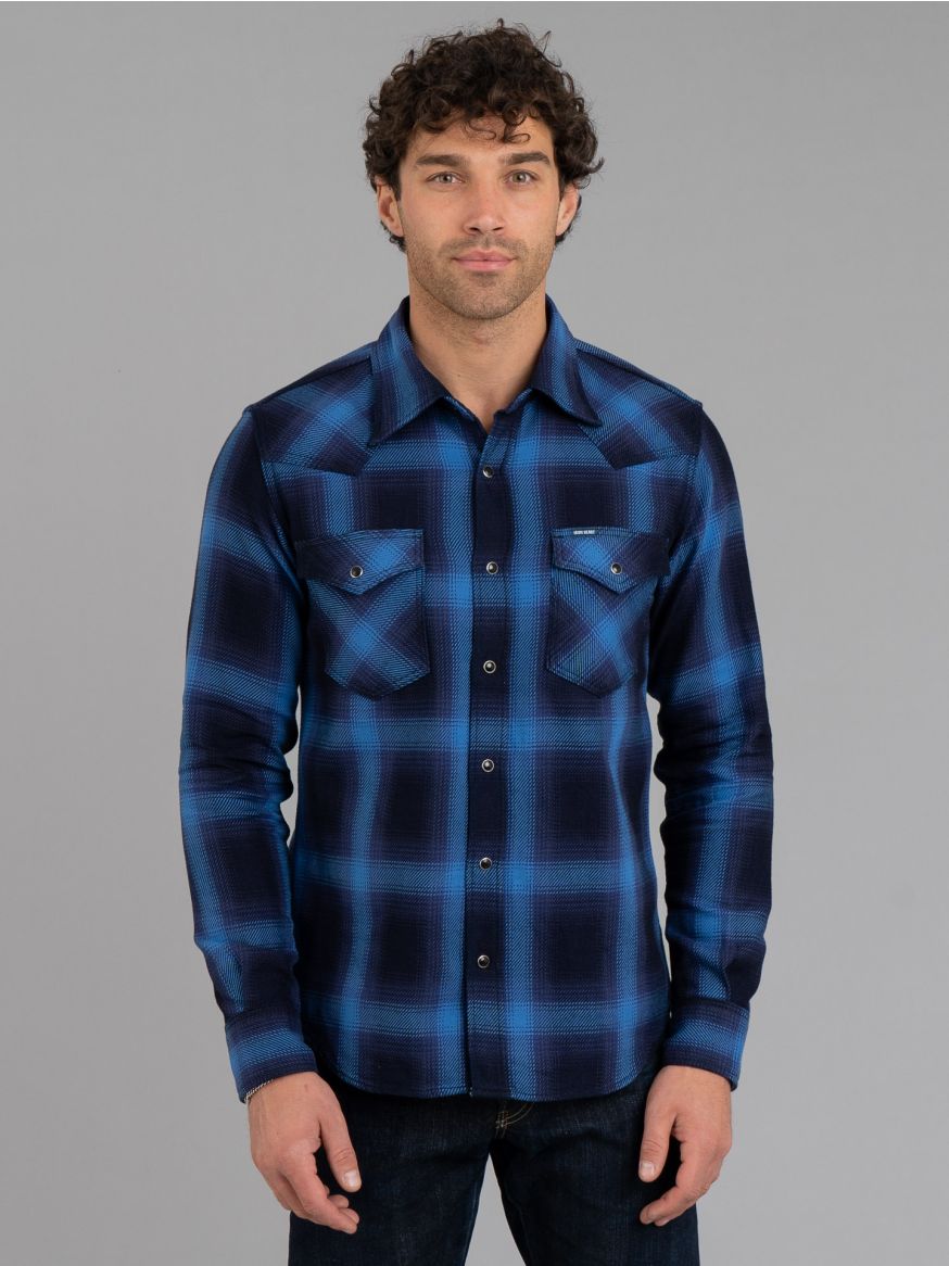 Iron Heart IHSH-348 9oz Selvedge Ombré Check Western Shirt - Indigo