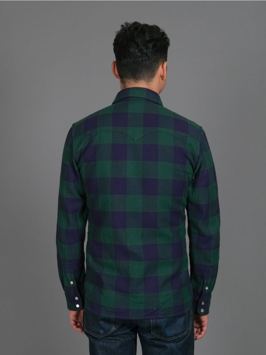 The Flat Head Block Check Western Flannel - Navy/Green