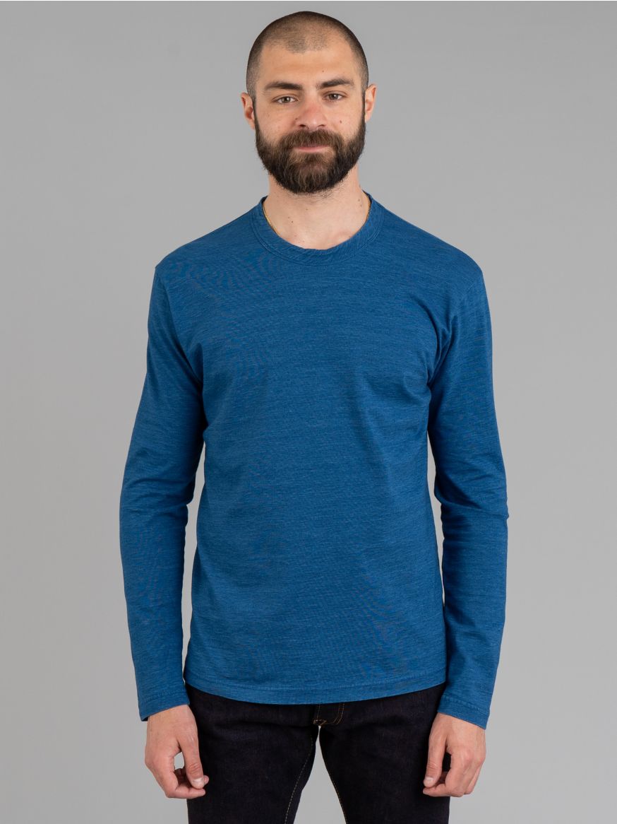 Pure Blue Japan Yarn Dyed Long Sleeve T Shirt - Mid Indigo