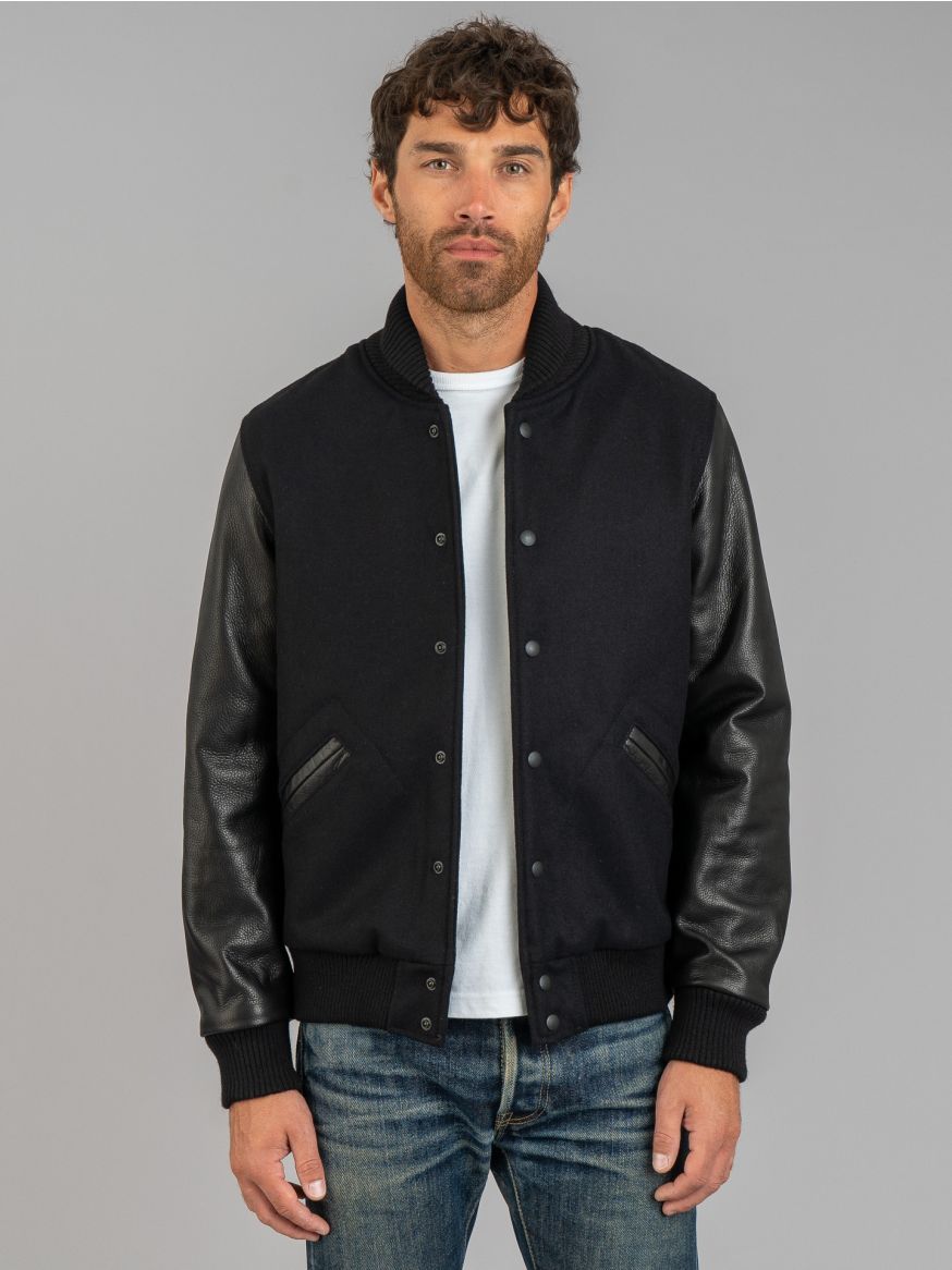 Dehen Leather & Wool Varsity Jacket - Black