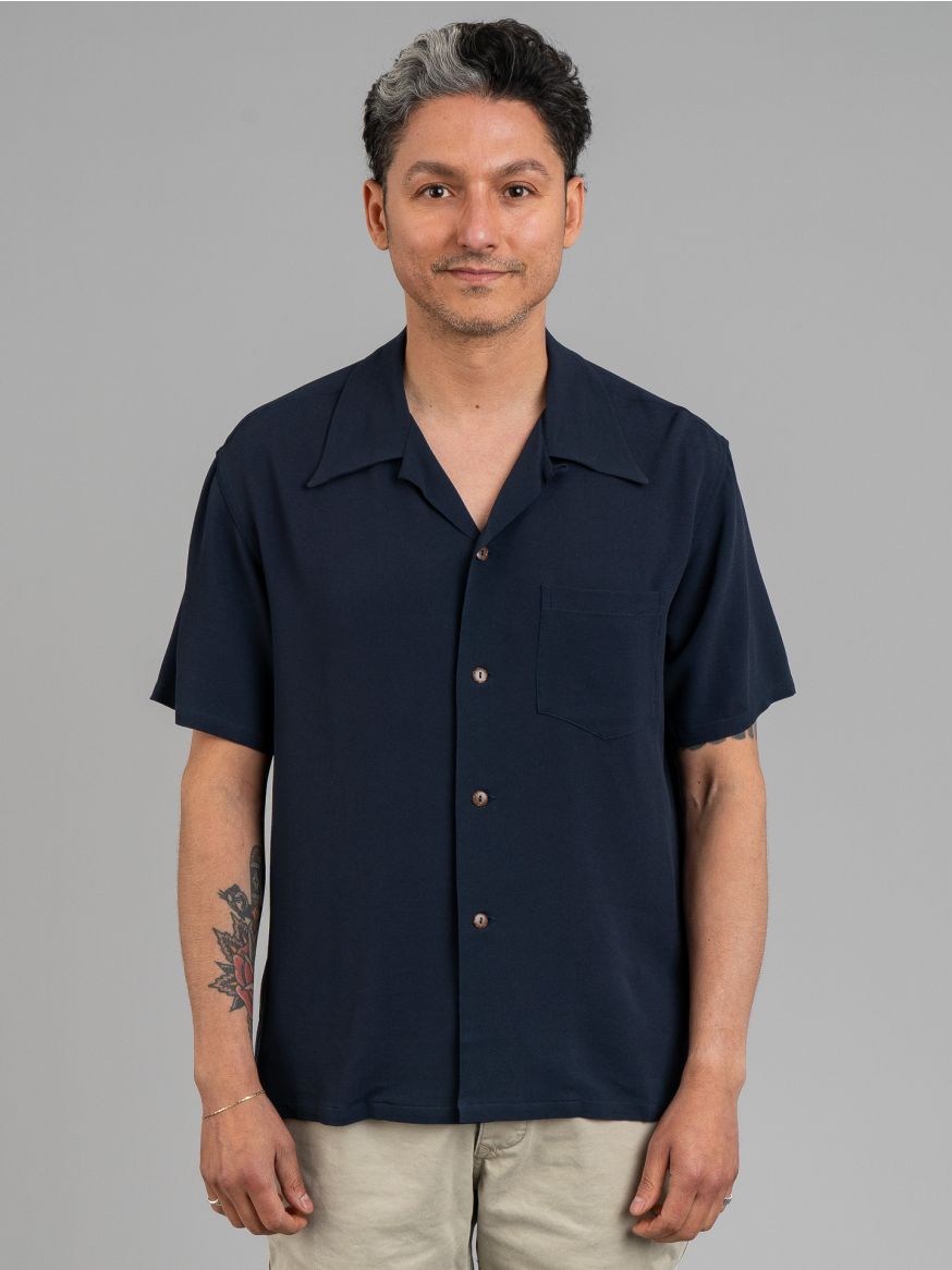 The Real McCoy’s Silk Rayon Open Collar Shirt -  Navy