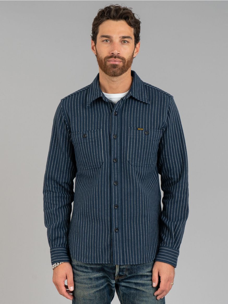 Iron Heart IHSH-402 Ultra Heavy Flannel Chalk Stripe Work Shirt - Navy