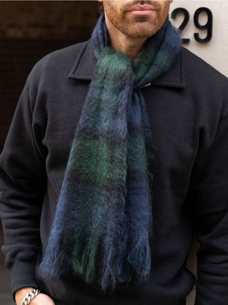 The Real McCoy's Mohair Scarf - Navy & Green Plaid