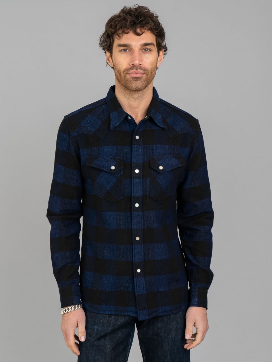 The Flat Head Block Check Western Flannel - Indigo