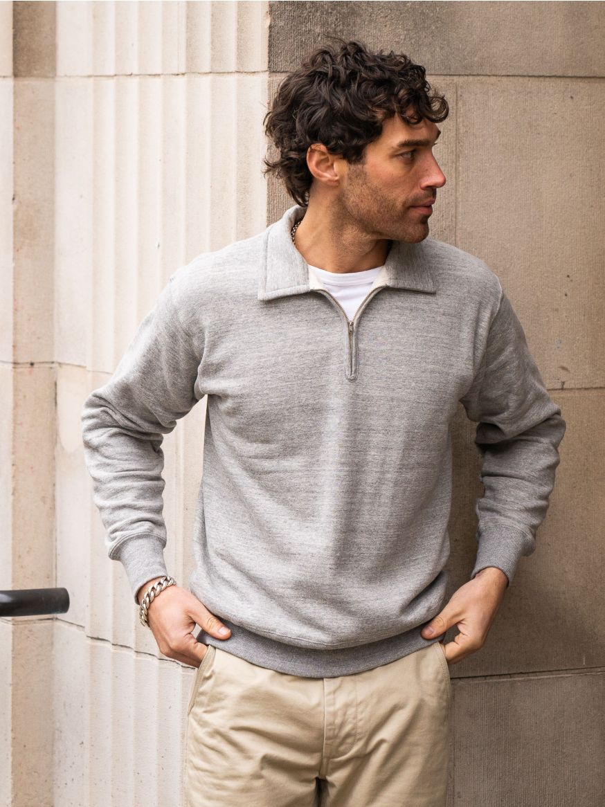 The Real McCoy’s 10oz Loopwheeled 1/4 Zip Sweatshirt - Grey