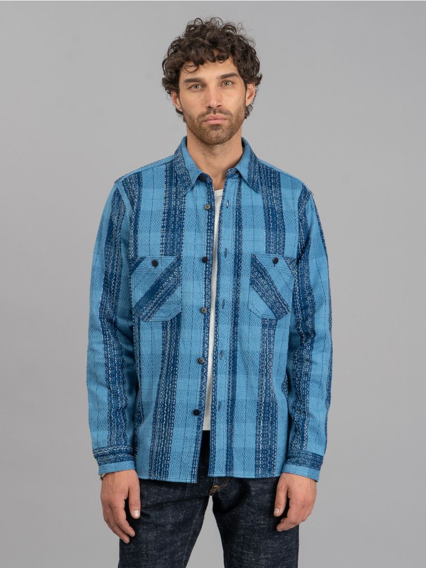 Samurai Rain-Drop Sashiko & Kasuri Flannel Work Shirt - Indigo