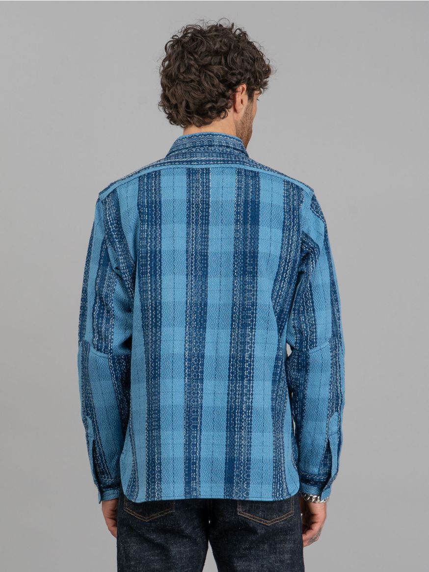 Samurai Rain-Drop Sashiko & Kasuri Flannel Work Shirt - Indigo