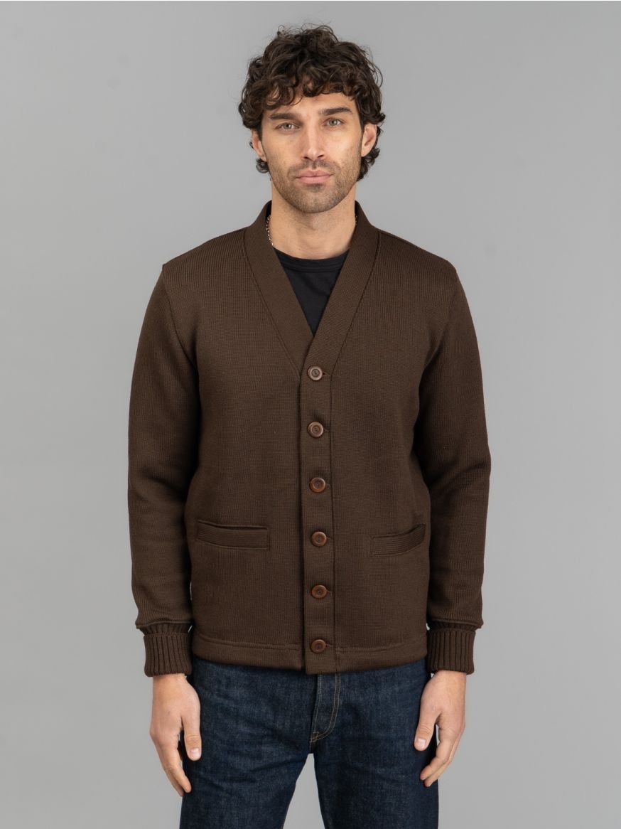 Dehen Extra Heavy Worsted Wool Classic Cardigan - Brown