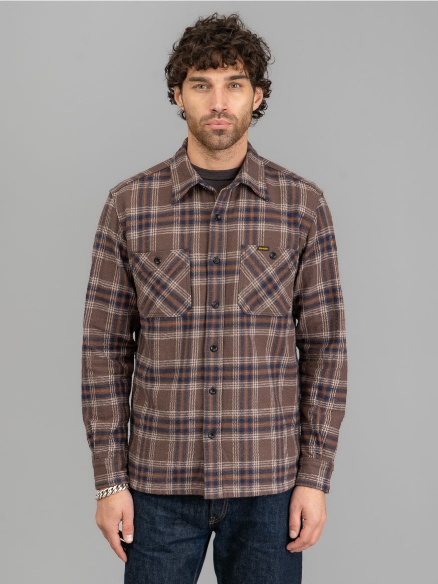 Iron Heart Slubby Heavy Flannel Check Work Overshirt - Brown