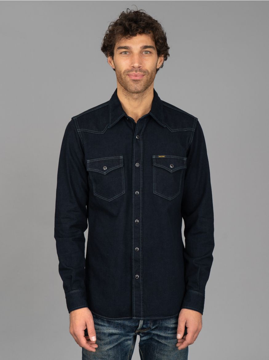 Iron Heart IHSH-321-OD 10oz Selvedge Denim Western Shirt - Indigo Overdyed Black