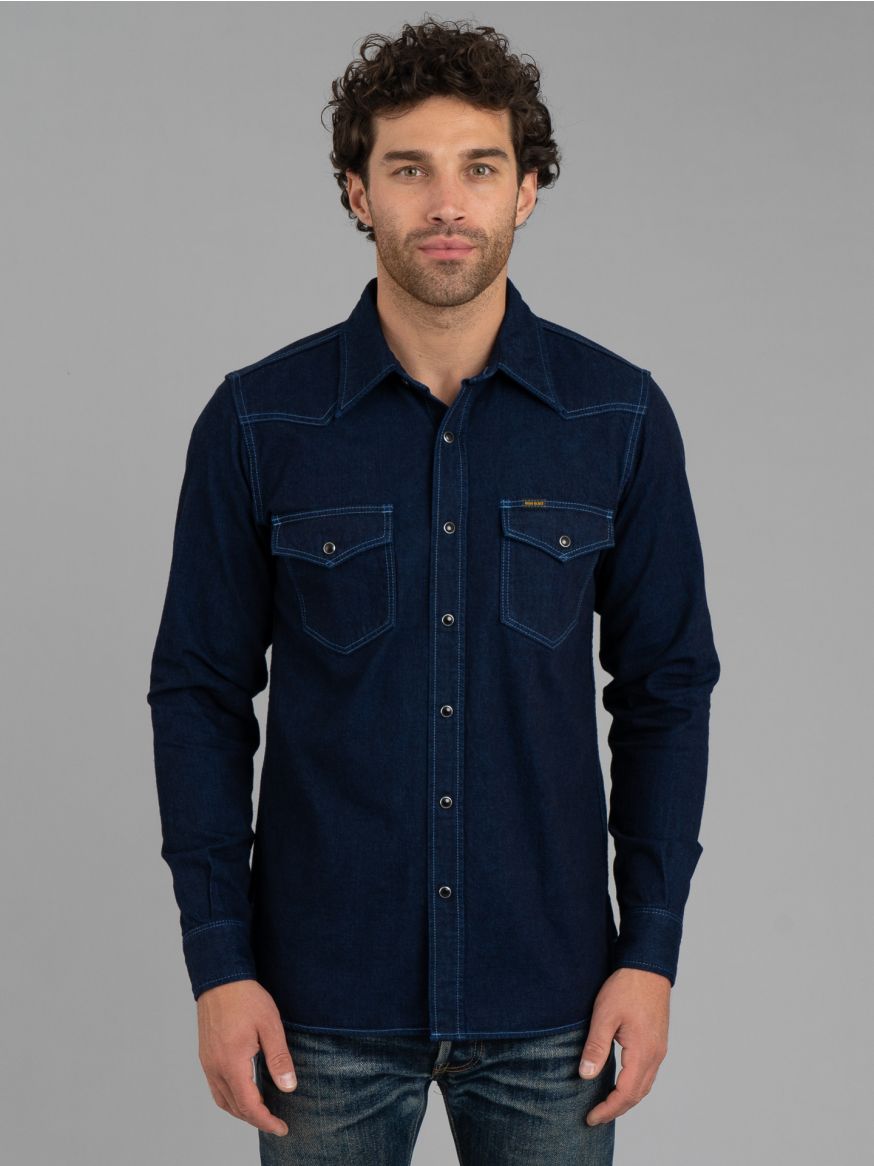 Iron Heart IHSH-352 Selvedge Denim Western Shirt - Indigo Overdyed Blue