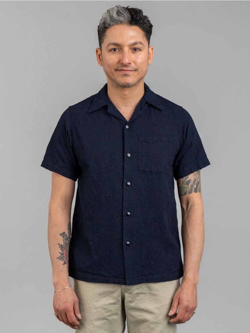 Pure Blue Japan S/S Open Collar Jacquard Paisley Shirt - Indigo