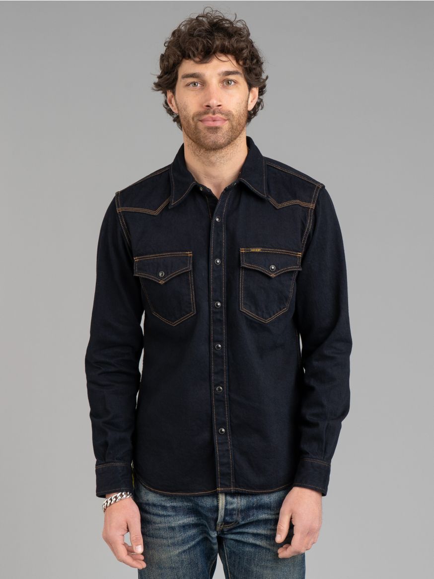 Iron Heart IHSH-33-OD 12oz Selvedge Denim Western Shirt - Indigo Overdyed Black