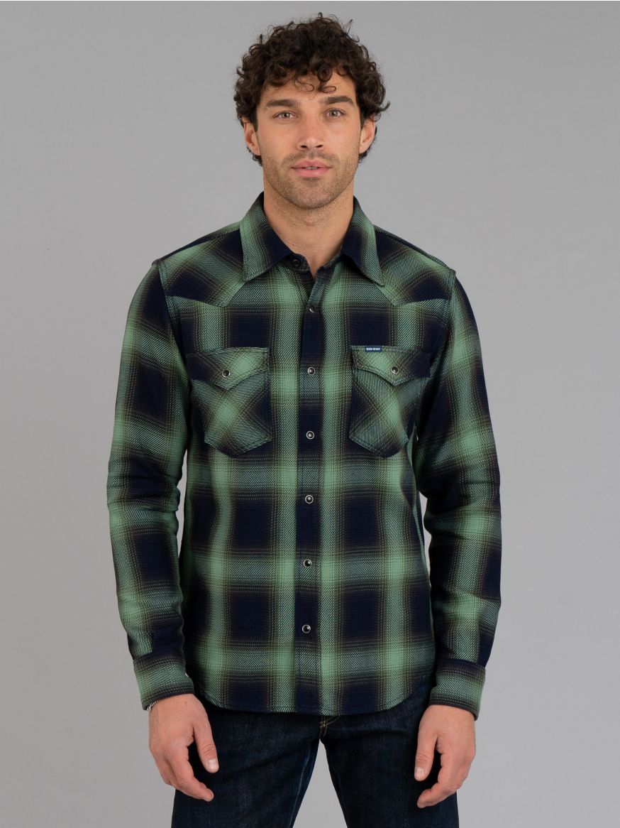 Iron Heart IHSH-348 9oz Selvedge Ombré Check Western Shirt - Green