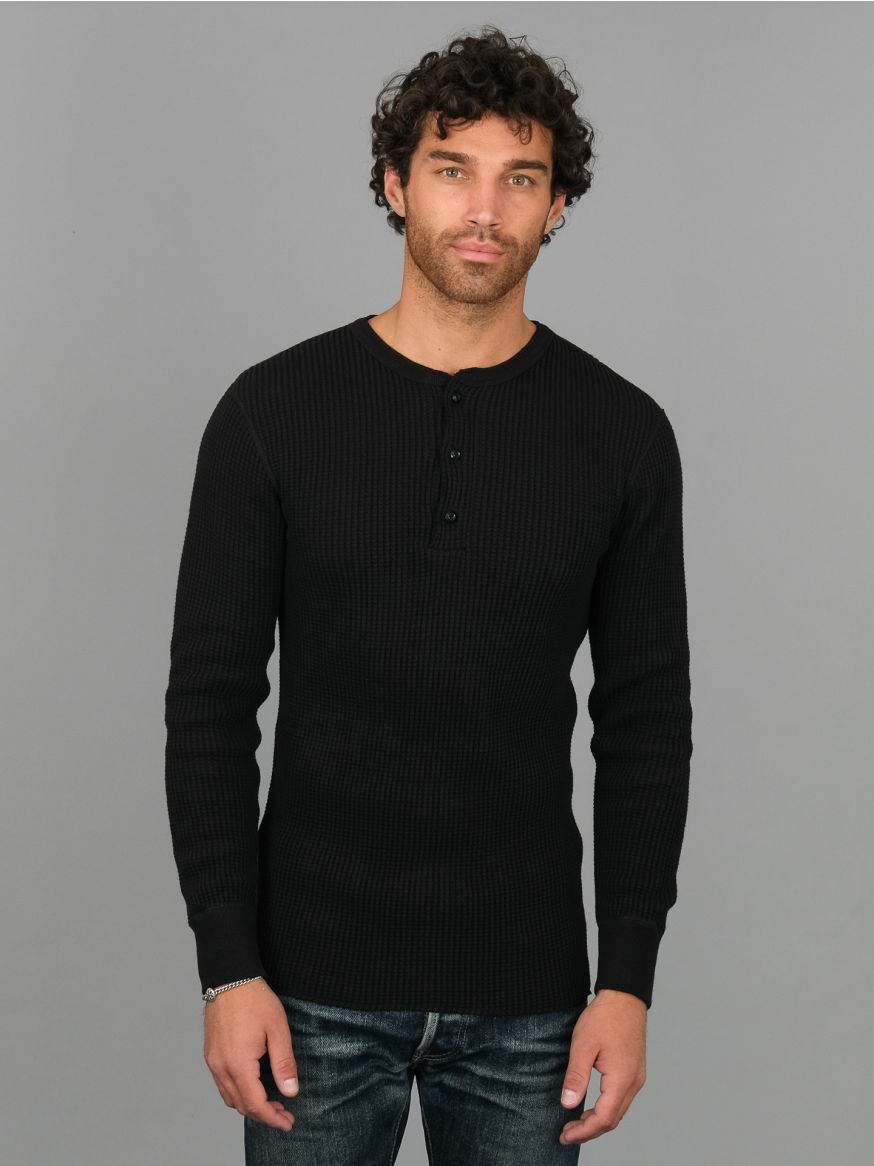 UES Thermal Waffle Long Sleeve Henley - Black