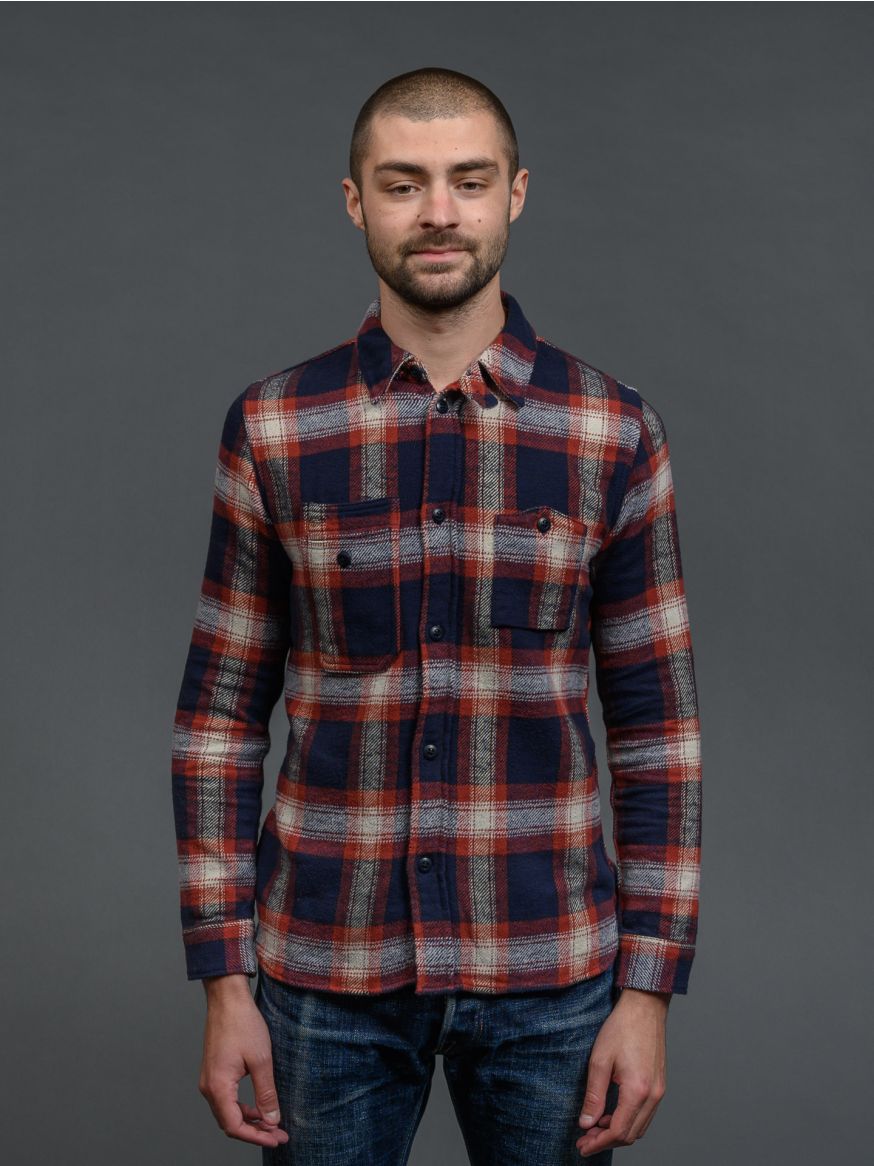 Pure Blue Japan Check Flannel Work Shirt - Indigo x Red