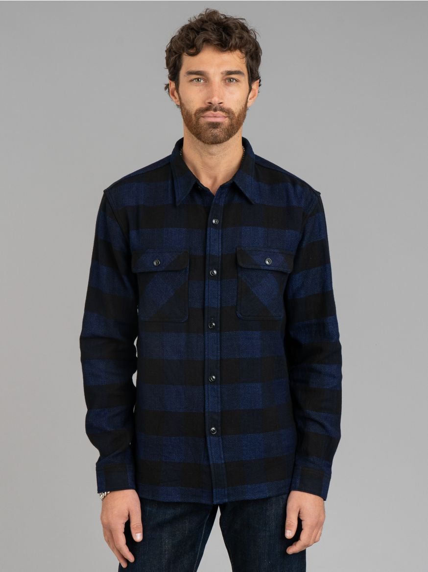 The Flat Head Block Check Work Flannel - Indigo