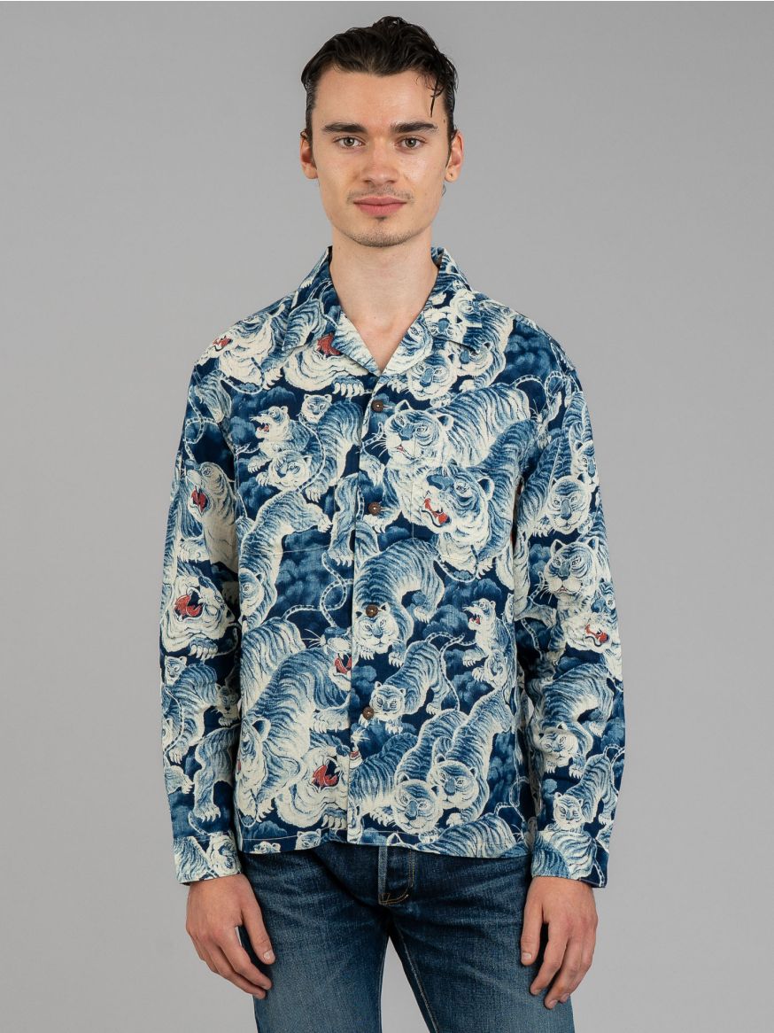 The Flat Head 100 Tigers Open Collar Linen Shirt - Blue