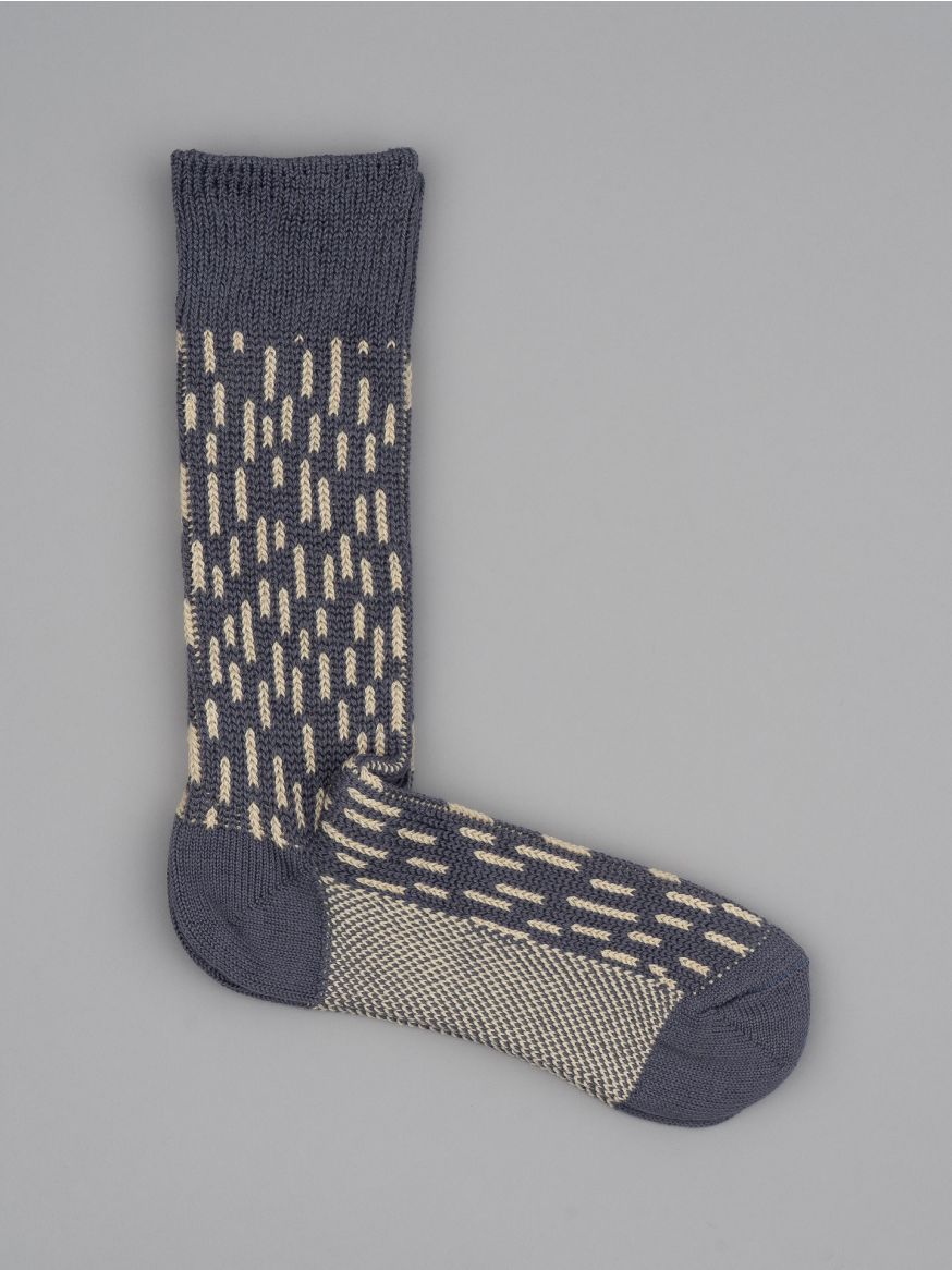 Rototo Rain Drop Crew Socks - Steel Blue/Ivory 