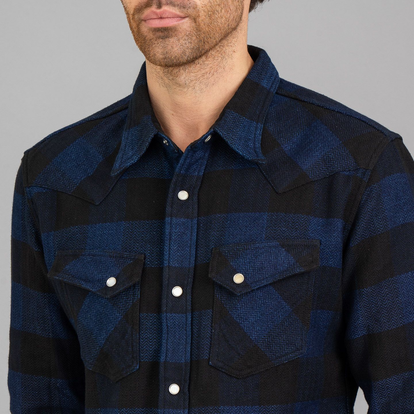 The Flat Head Block Check Western Flannel - Indigo The Flat Head Block Check Western Flannel - Indigo