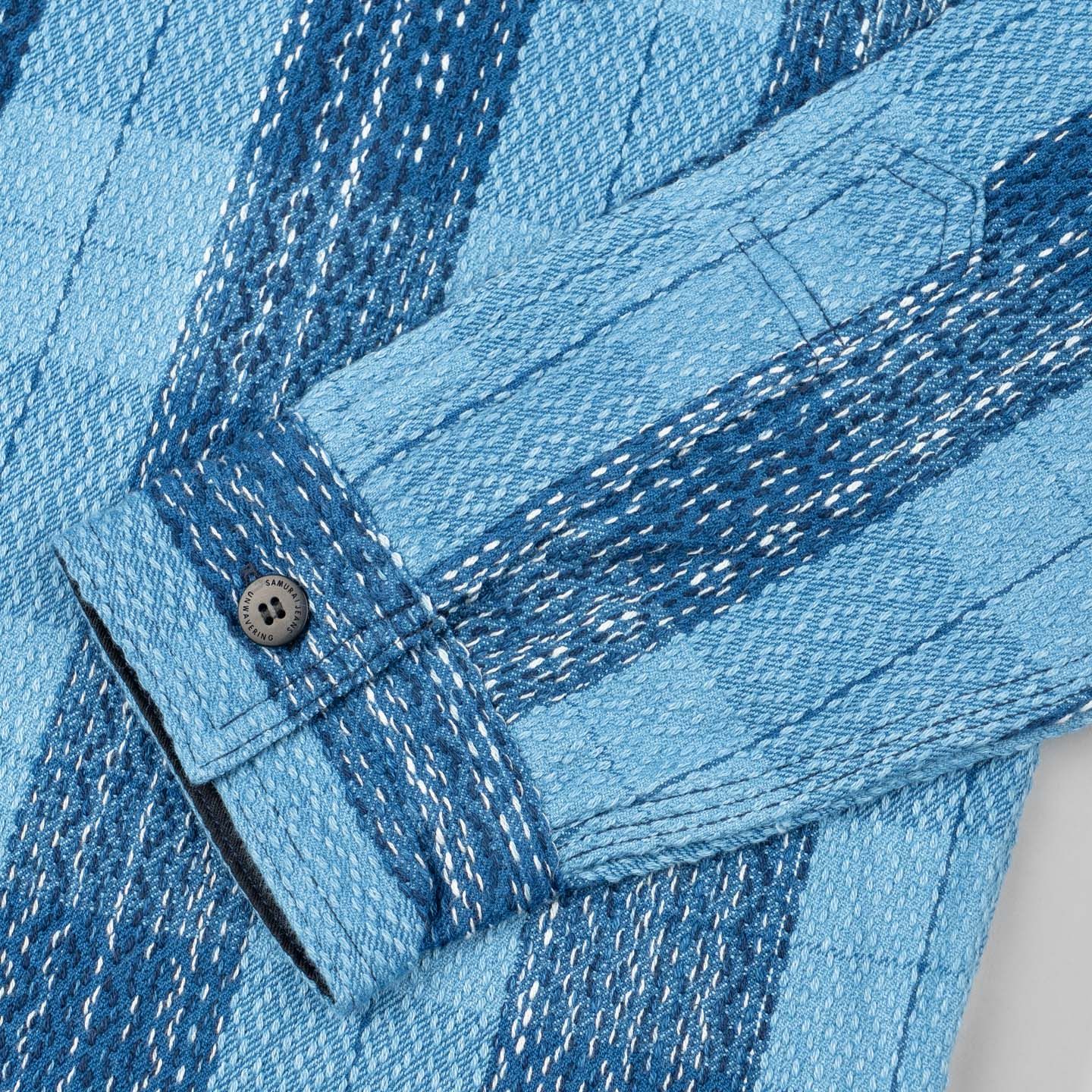 pokkoriD　半袖2点 Samurai Rain-Drop Sashiko & Kasuri Flannel Work Shirt - Indigo