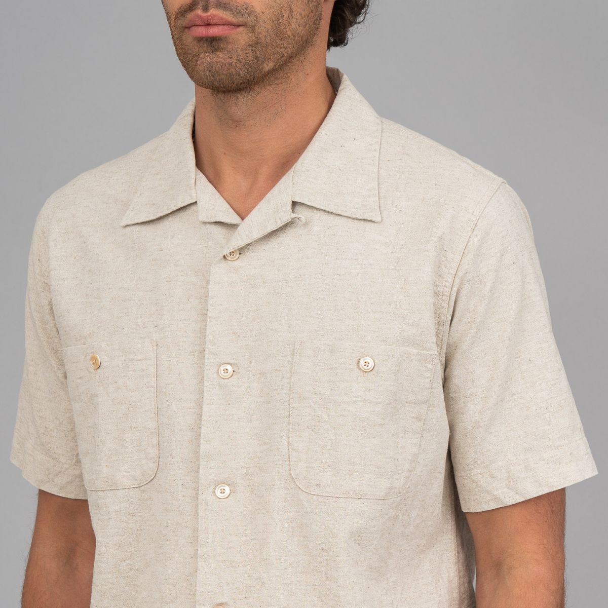JEMUT☆NORMAN OPEN COLLAR LINEN LIKE SETUP KJSP2622+KJSP2614 Seuvas Cotton Linen Open Collar Shirt - Natural