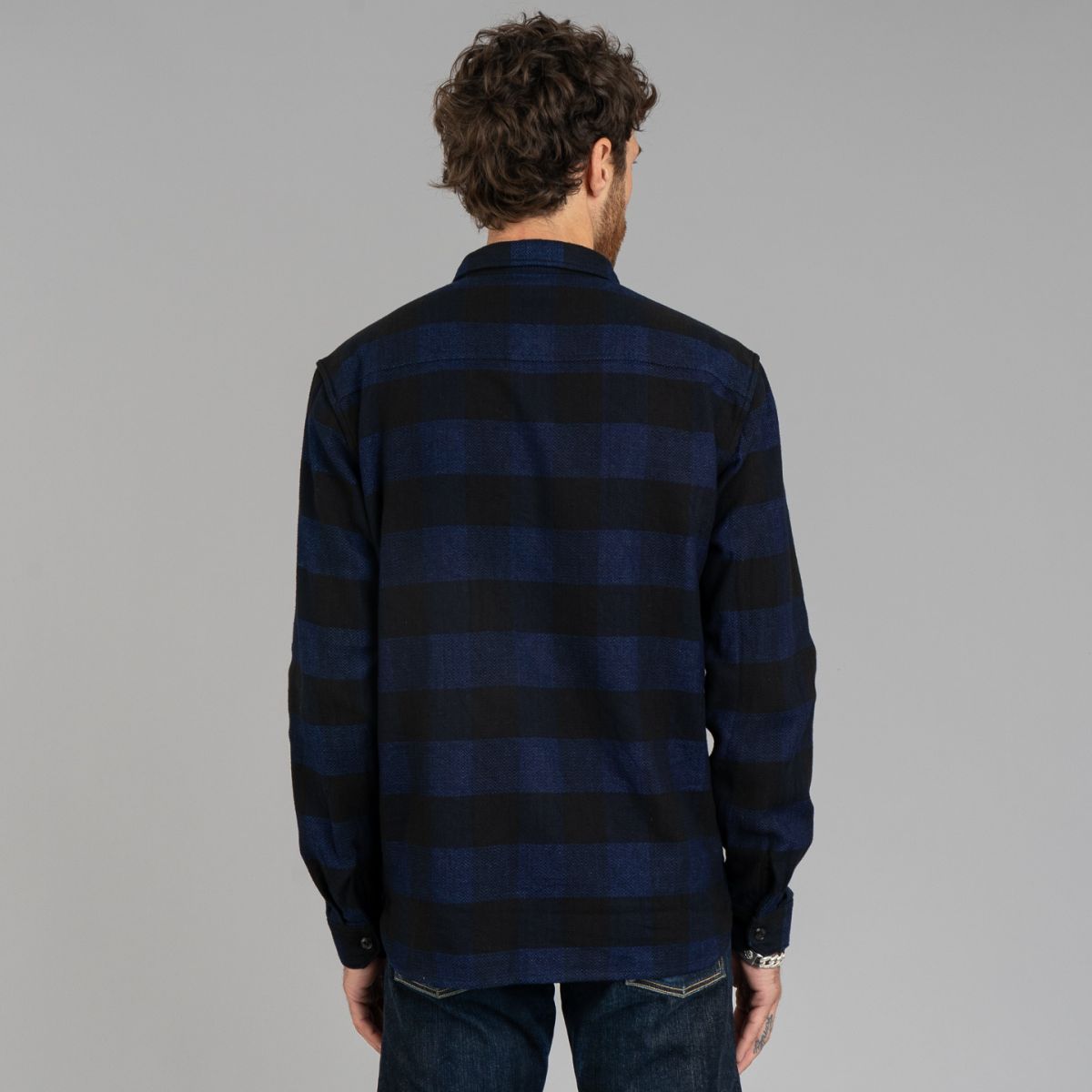 The Flat Head Block Check Work Flannel - Indigo